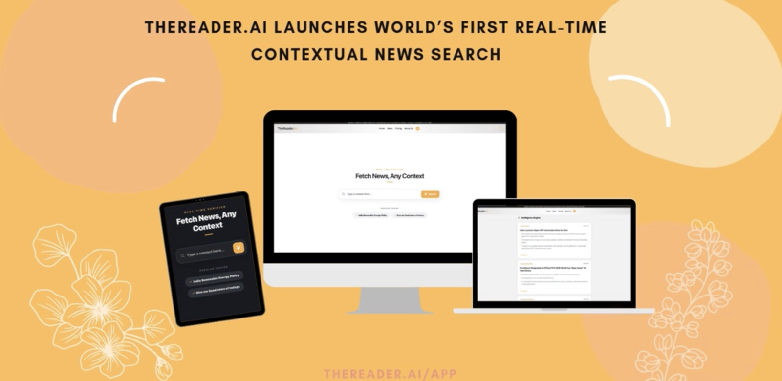 Screenshot of TheReader.AI app interface showing a real-time contextual news search for Bangalore real estate with summarized bullet points from 50,000 sources.