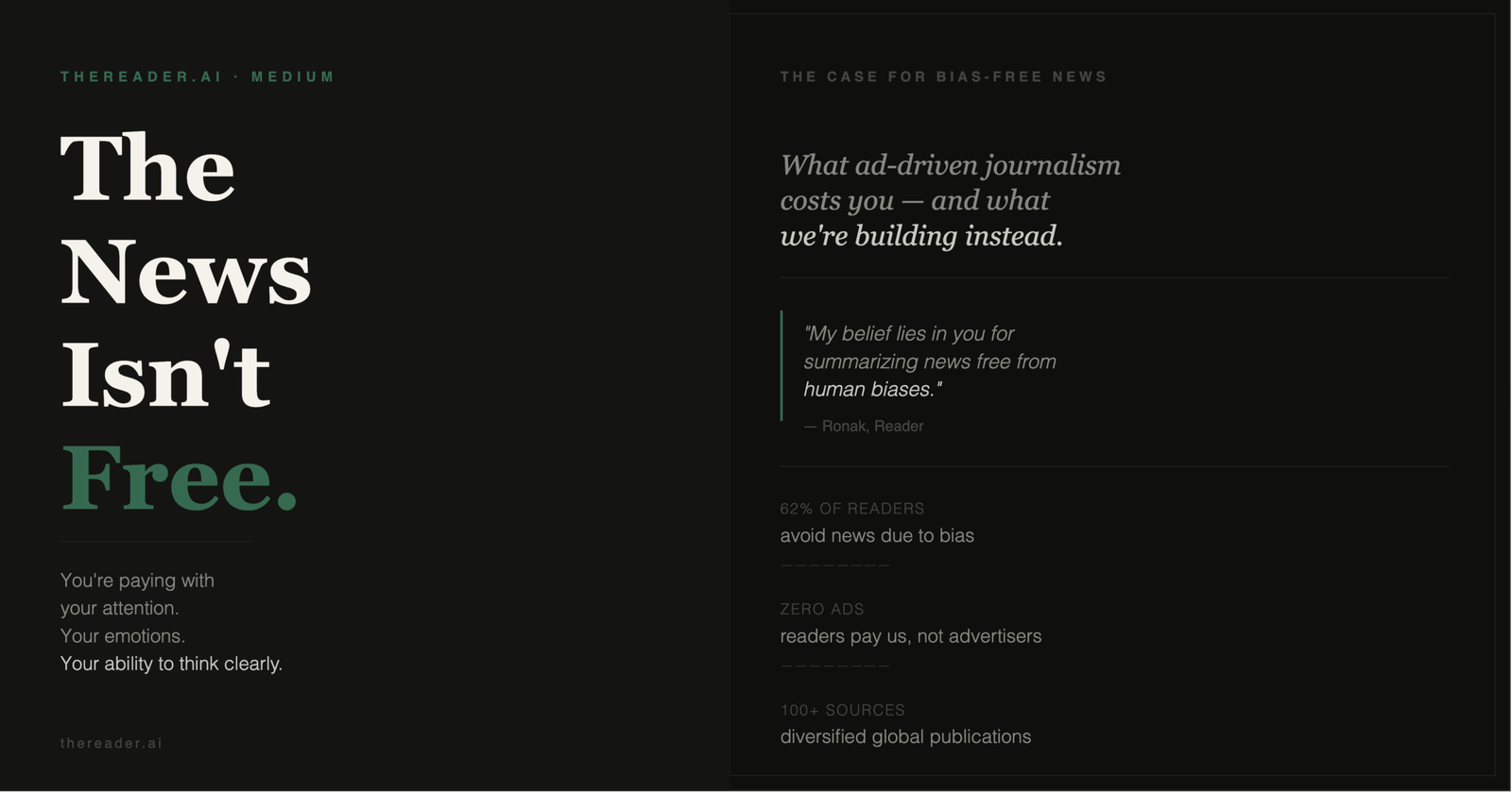 You're not getting the news. You're getting a filtered version of it. TheReader.AI was built to fix that.