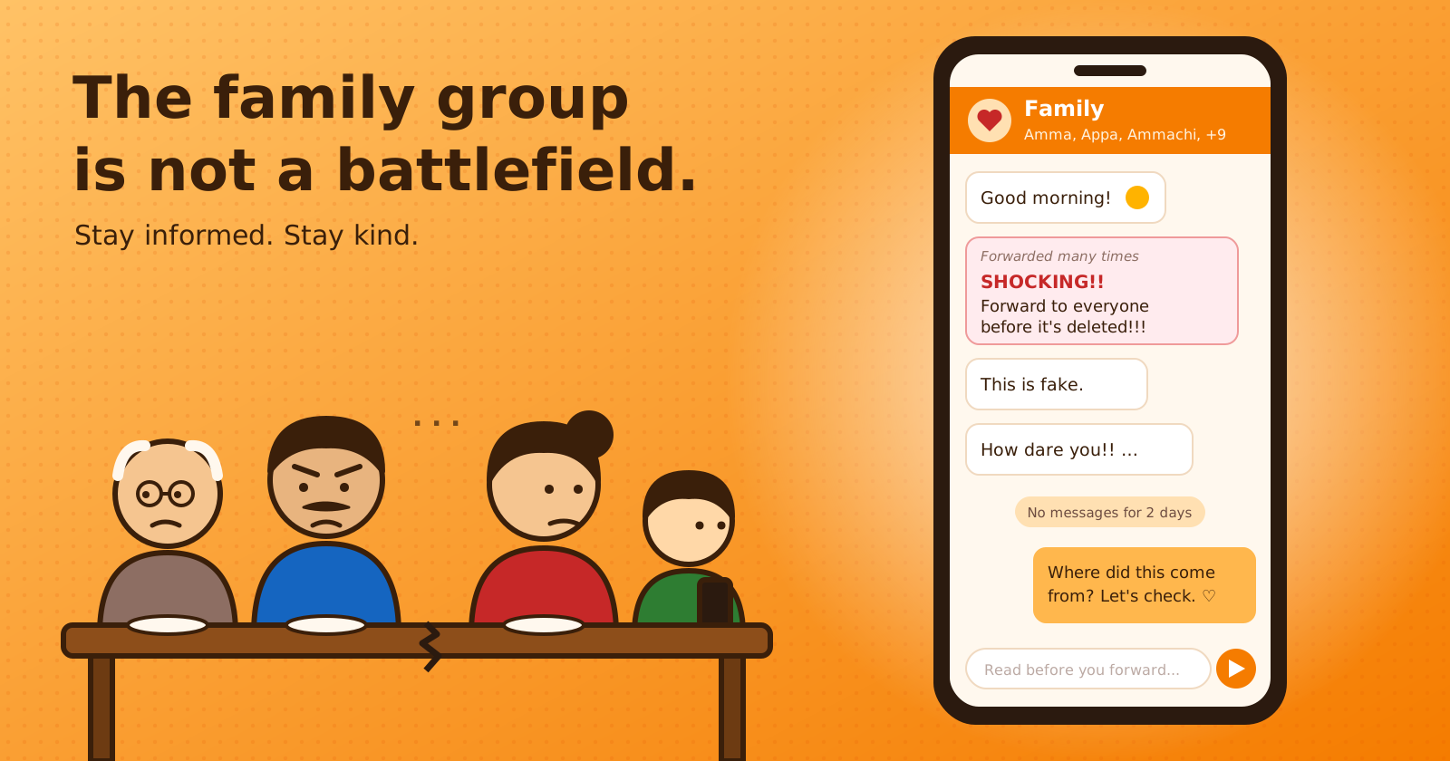 Cartoon of an Indian family at a cracked dinner table, next to a phone showing a family group chat with a forwarded fake news message and a kind reply.